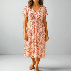 Frye & Co Pink & Red Floral Summer Dress Capped Sleeves Women's Size 2X Midi